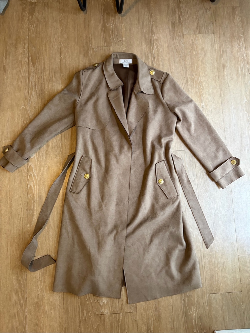 Magaschoni Tan Suede Trench Coat with Gold Buttons